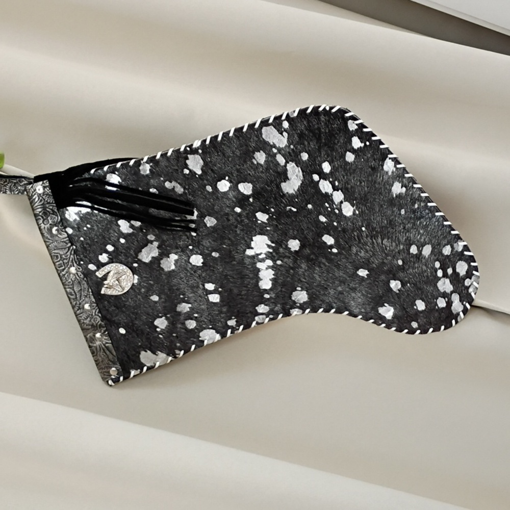 Hair On Hide Handcrafted Genuine Leather Christmas Stocking Black Silver Bling